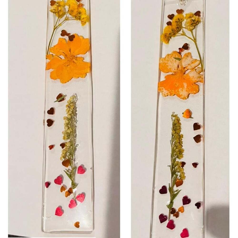 Handmade Resin Pressed Flower Bookmark with Dried Yellow Blossoms and Hearts